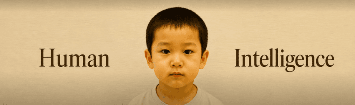 A child's portrait between the words Human and Intelligence on a beige background